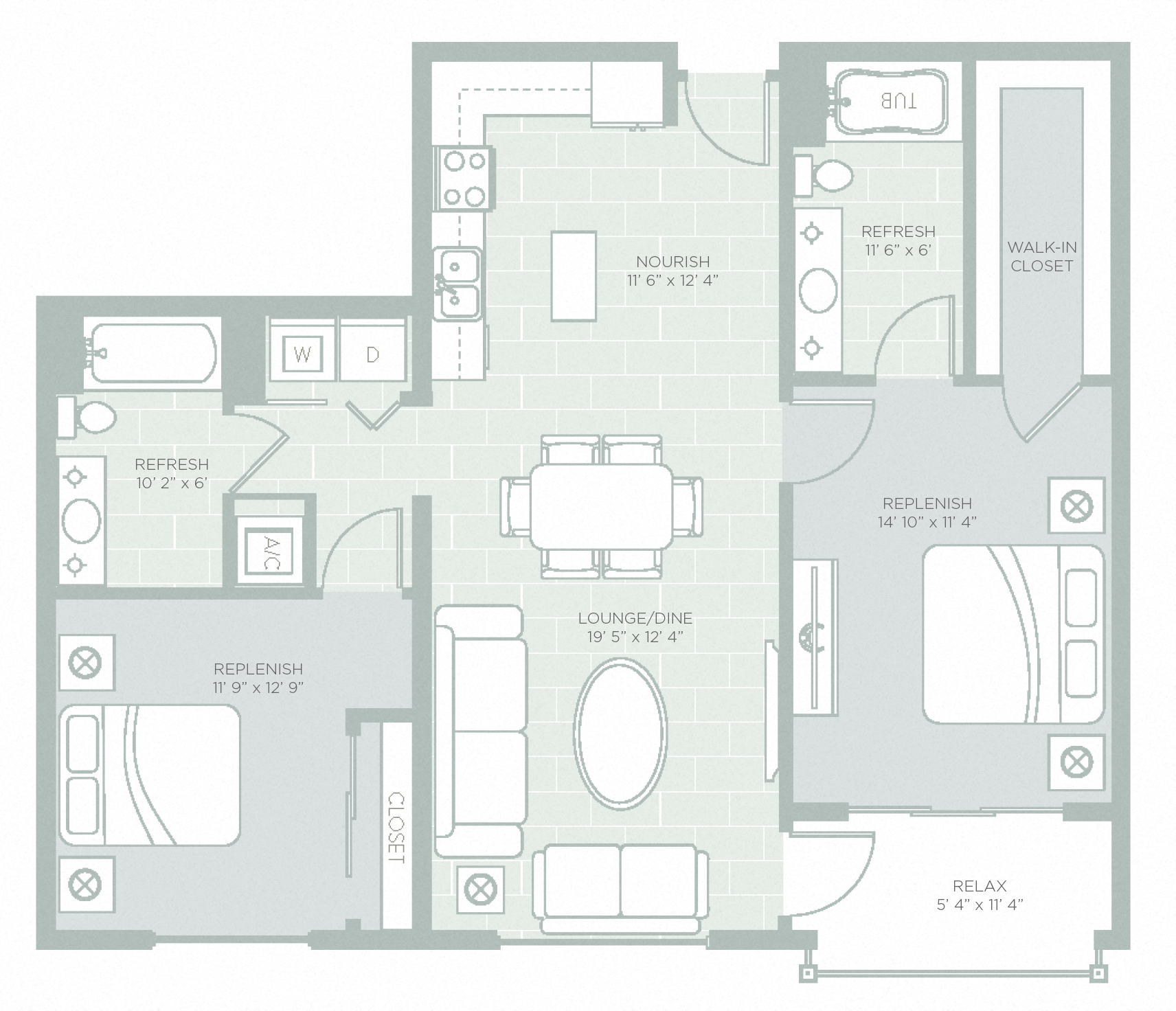 Floor plan for 2 beds, 2 baths, 1080 sqft
